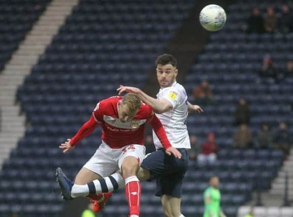 Andrew Hughes battles for the ball during PNE's draw with Bristol City