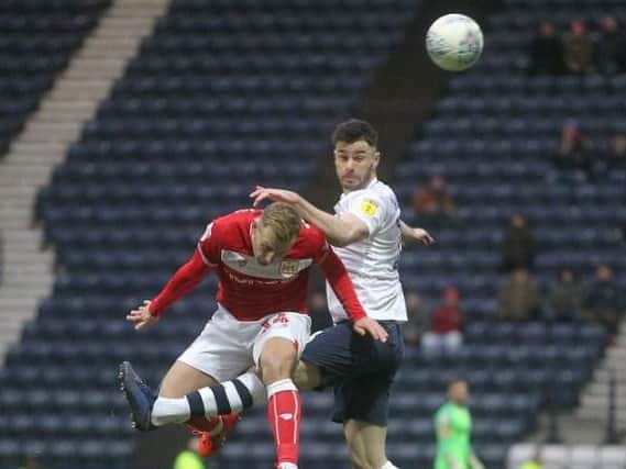 Andrew Hughes battles for the ball during PNE's draw with Bristol City
