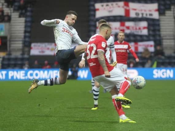 Alan Browne challenges for the ball during PNE's draw with Bristol City