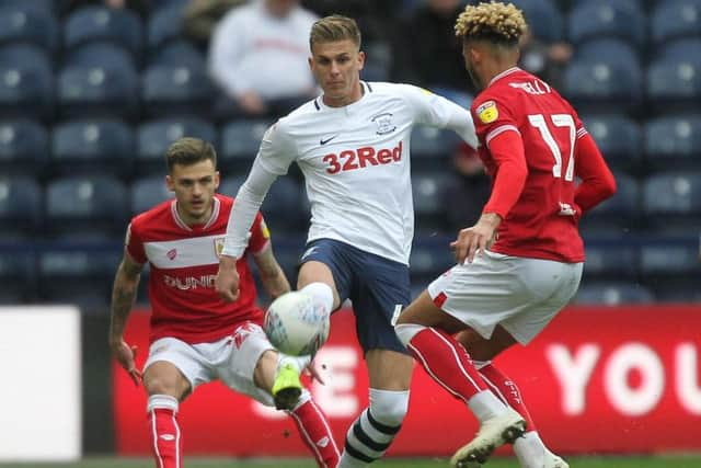 Brad Potts in the thick of the action against Bristol City