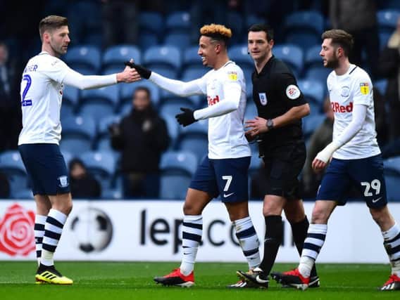 Preston attacker Callum Robinson is congratulated by Paul Gallagher and Tom Barkhuizen after scoring against Blackburn Rovers last November