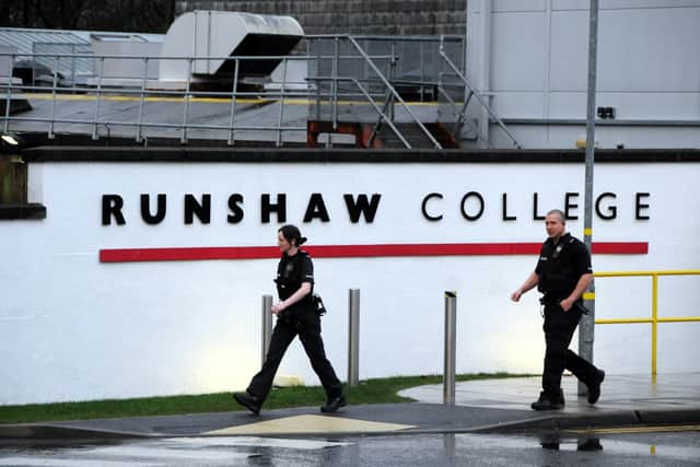 Police at Runshaw College yesterday