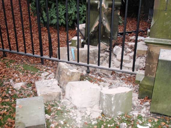 Damage to the stone piers at Preston Cemetery gates
