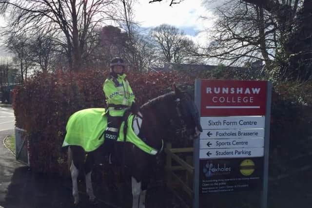 Mounted police are part of a high-visibility patrol around Runshaw College after  a 17-year-old pupil was stabbed outside the campus yesterday (March 4).