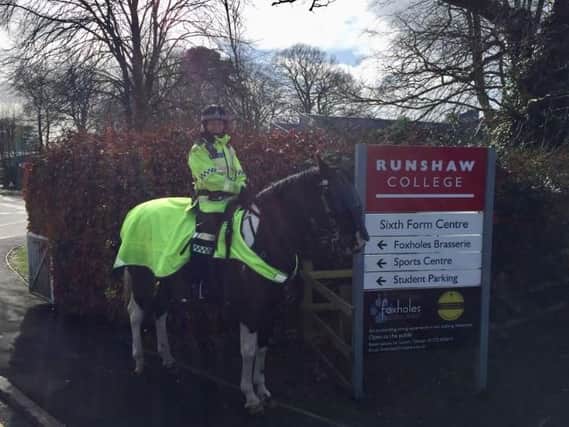 Mounted police are part of a high-visibility patrol around Runshaw College after  a 17-year-old pupil was stabbed outside the campus yesterday (March 4).