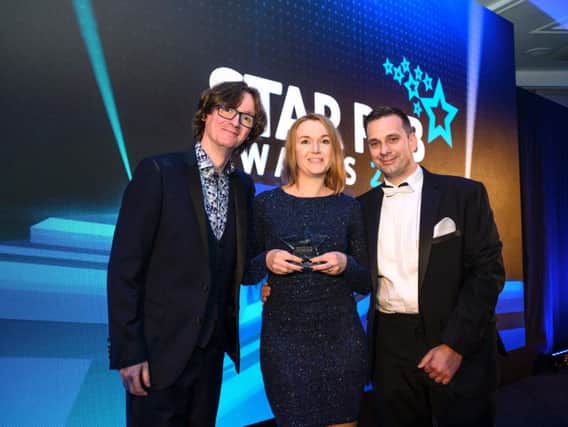 Martin and Rowena Sanderson, winner of the most family friendly pub atthe Star Pubs and Bars awards,  with comedian Ed Byrne.