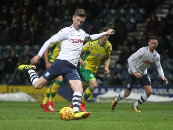 Paul Gallagher scores his 99th senior goal in the win over Norwich at Deepdale