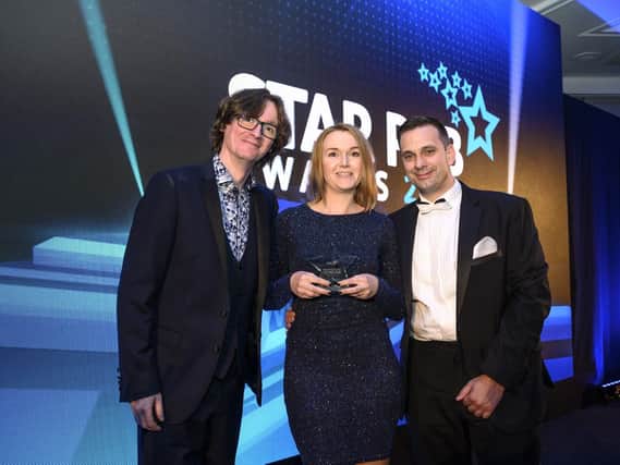 Comedian and actor Ed Byrne with licensees Rowena and Martin Sanderson at the Star Pubs and Bars awards ceremony