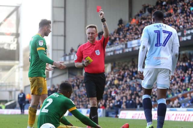 Preston right-back Darnell Fisher is sent-off in stoppage-time at Blackburn