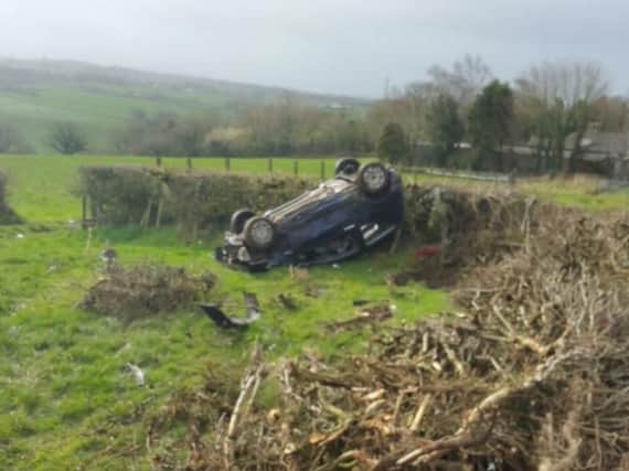 The driver escaped with minor injuries after losing control of the vehicle in Littlefell Lane, Lancaster this morning (March 13).