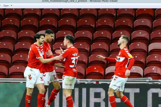 Middlesbrough's Ashley Fletcher is congratulated after giving his side the lead against Preston at the Riverside Stadium