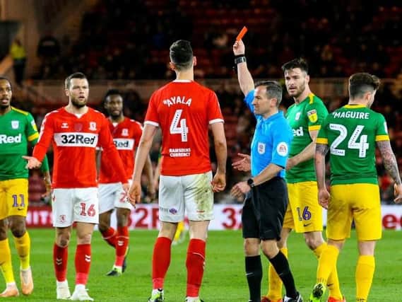 Daniel Ayala is sent off in the key moment of Preston North End's 2-1 win at Middlesbrough