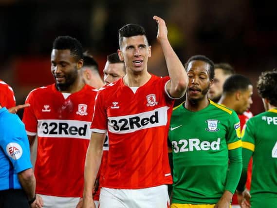 Daniel Ayala reacts to being sent off for Middlesbrough at the Riverside Stadium on Wednesday night