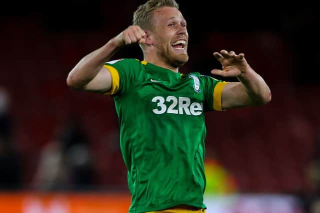 Jayden Stockley celebrates at the final whistle at the Riverside Stadium