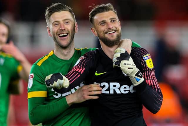 Preston goalkeeper Declan Rudd (right) with Paul Gallagher at Middlesbrough on Wednesday night