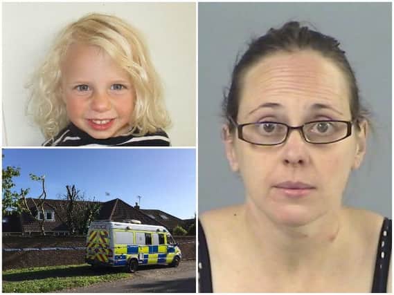 Police vehicle in Fordingbridge (Bottom left), after Claire Colebourn (right) murdered her three-year-old daughter Bethan (Top left) by drowning her in the bath following the breakdown of her marriage.