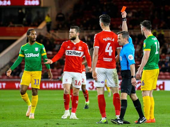 Middlesbrough defender Daniel Ayala is sent-off against Preston