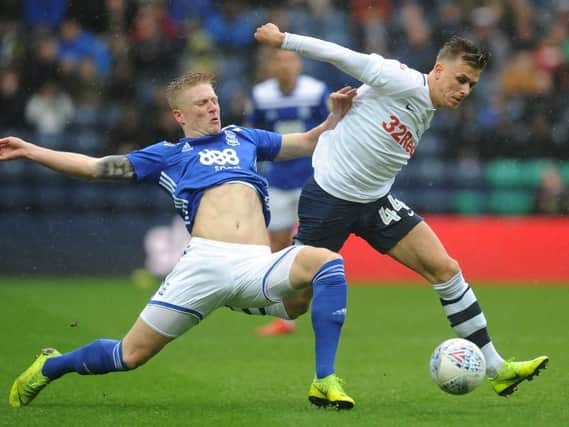 Brad Potts in action on his return to the PNE side against Birmingham