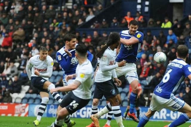 PNE's Brad Potts sees a free-kick blocked by the Birmingham defence