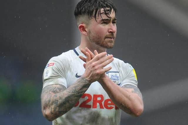 Sean Maguire salutes the PNE fans at the final whistle at Deepdale on Saturday