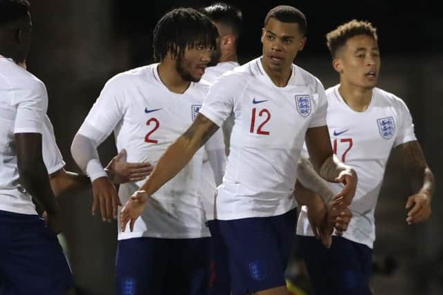 Lukas Nmecha (No.12) celebrates scoring for England Under-20s against Germany at Colchester last November