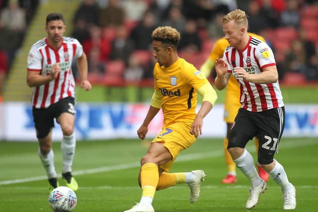 Callum Robinson in action against Sheffield United earlier in the season - Preston face the Blades a week on Saturday
