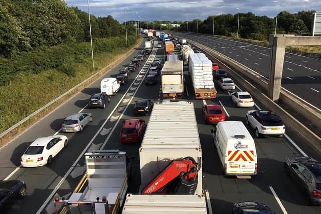 Highways England has warned drivers to take care when approaching slow traffic on the motorway and keep a good distance to the car in front.