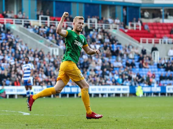 Jayden Stockley celebrates scoring Preston's consolation goal in the defeat at Reading