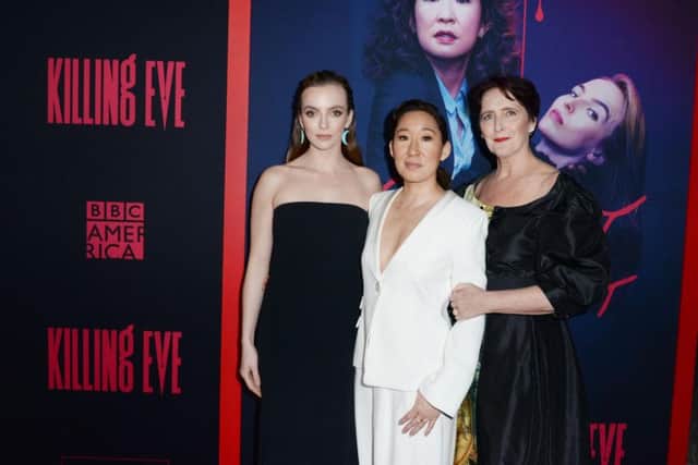 Jodie Comer, Sandra Oh and Fiona Shaw attend the 'Killing Eve' premiere event on April 01, 2019 in North Hollywood, California