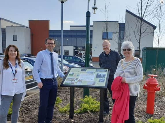 Unveiling on 80th Anniversary of King George VIs visit to ROF Chorley. Left to Right is Carole Cannon from Runshaw College, Lancashire County Coun Aidy Riggott, historian Stuart Clewlow, and Parish Coun Katrina Reed - Chairman Euxton Parish Council (Image: Euxton Parish Council)