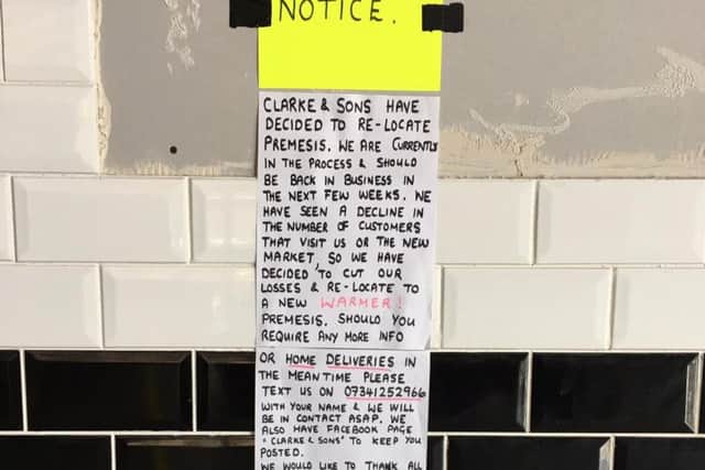 The customer notice posted on Clarke and Sons' stall wall