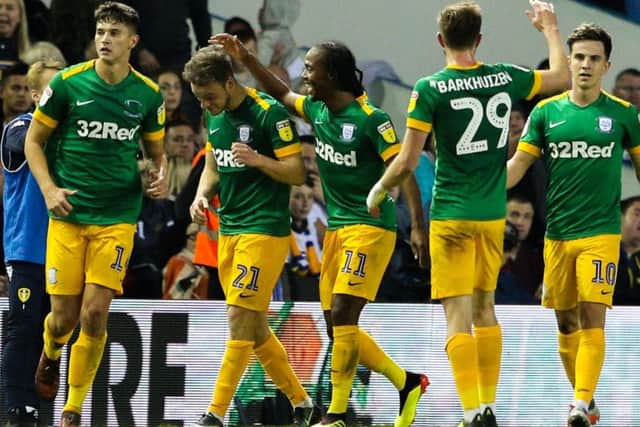 Brandon Barker is congratulated by his Preston team-mates after scoring in the Carabao Cup victory over Leeds at Elland Road