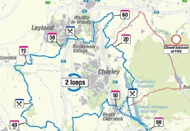 The Ironman UK 2018 route through Chorley borough and Leyland. The red part of the route was cut off due to the Winter Hill fire (Image: Ironman UK)
