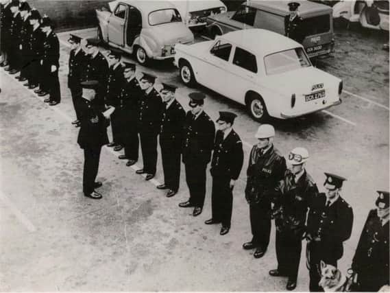 Preston Borough Police officers on parade at Earl Street police station, in Preston, circa 1964