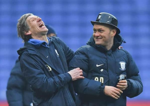 PNE kitman Steve Cowell and Alex Neil share a joke after the Gentry Day win at Bolton last season
