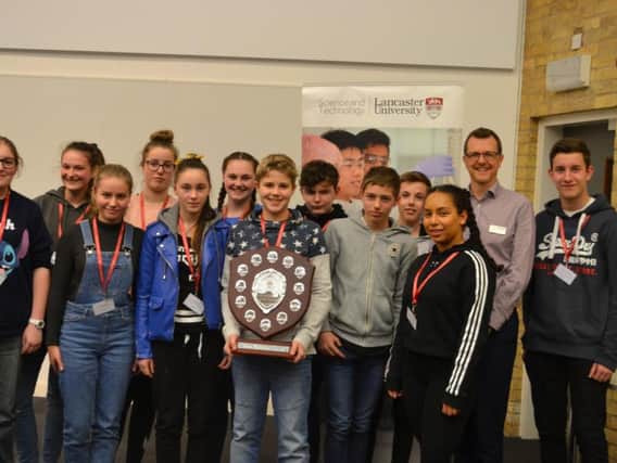 Lancaster University schools STEM Challenge: winning team from Ripley St Thomas with Professor Jim Wild, Associate Dean for Undergraduate Teaching in the Faculty of Science and Technology at Lancaster University.