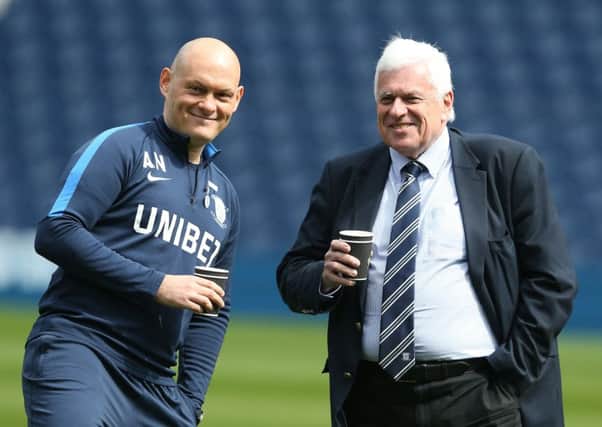 Alex Neil and Peter Ridsdale share a brew before Preston's game at West Bromwich Albion