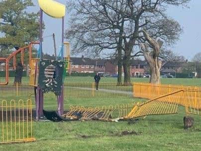 Damage caused to the children's play area in Ashton Park after a car crashed into railings following a police chase on Monday, April 15.