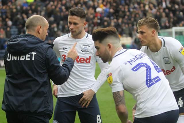 Preston manager Alex Neil with Alan Browne, Sean Maguire and Brad Potts