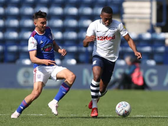 Darnell Fisher on the attack for Preston against Ipswich