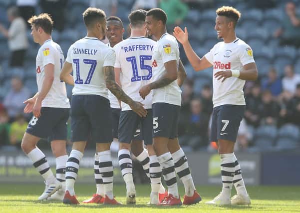 Preston North End's Lukas Nmecha (2nd from right) celebrates scoring his side's fourth goal