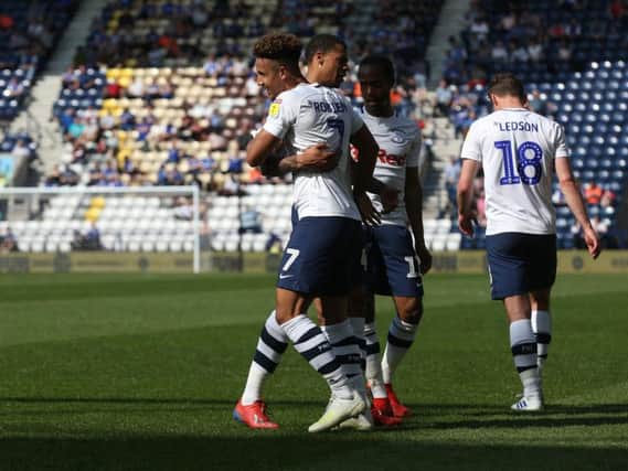 Callum Robinson and Lukas Nmecha celebrate in Preston's 4-0 win over Ipswich