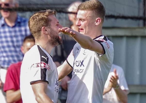 Alistair Waddecar is congratulated by Regan Linney after scoring against Matlock Town on Saturday (photo: Ruth Hornby)