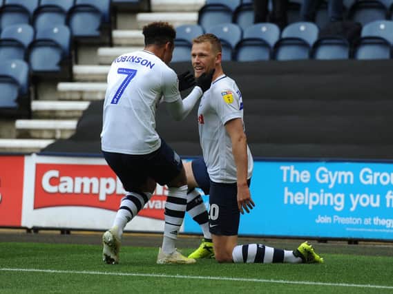 Jayden Stockley is congratulated by Callum Robinson after giving PNE the lead after Sheffield Wednesday