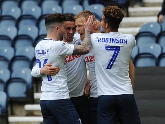 Jayden Stockley is congratulated after giving PNE the lead against Sheffield Wednesday