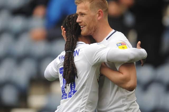 Jayden Stockley is congratulated by Daniel Johnson after putting Preston in front against Sheffield Wednesday