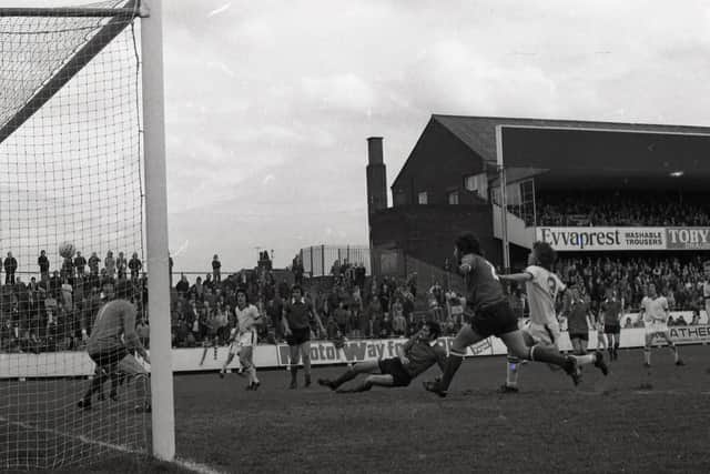 PNE striker John Smith has an effort at goal against Gillingham in April 1976
