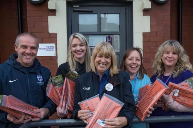 Tesco  donated survival bags, that stop sleeping bags from getting wet, to Blackpool Streetlife. L-R Alan Williams of the FA, Victoria Crook and Lynn Sumner from Tesco, Rachel Day and Rachel Lett from Streetlife in 2017