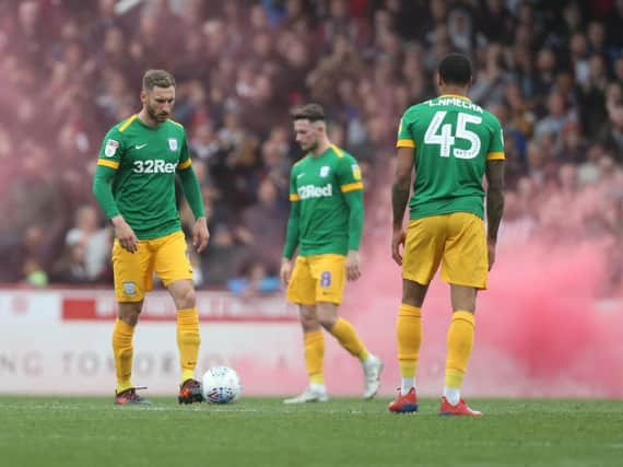 Louis Moult, Alan Browne and Lukas Nmecha after Preston concede the third goal at Brentford