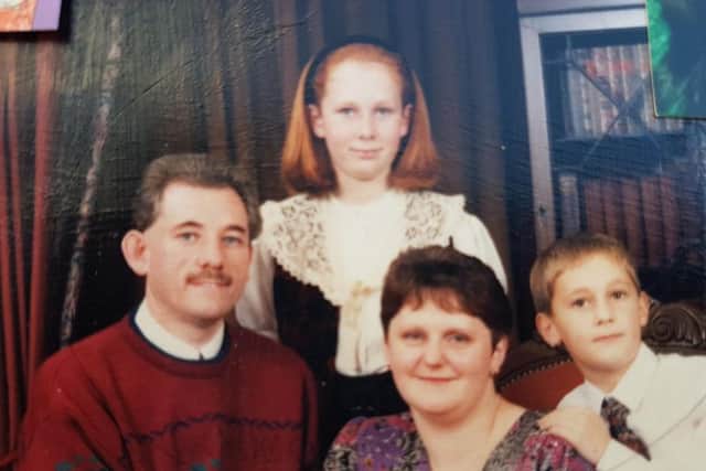 A family photo showing Paula as a young girl with dad Russell Carbery, mum Anne and brother Stuart